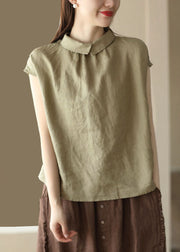 Style Green Peter Pan Collar Button Patchwork Linen Shirt Top Summer