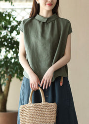 Style Green Peter Pan Collar Button Patchwork Linen Shirt Top Summer