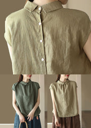 Style Green Peter Pan Collar Button Patchwork Linen Shirt Top Summer