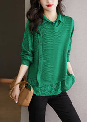 Style Green Peter Pan Collar Fake Two Pieces Lace Patchwork Knit Sweater Spring