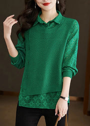 Style Green Peter Pan Collar Fake Two Pieces Lace Patchwork Knit Sweater Fall