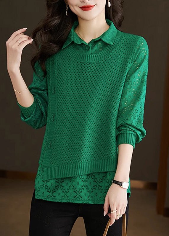 Style Green Peter Pan Collar Fake Two Pieces Lace Patchwork Knit Sweater Spring