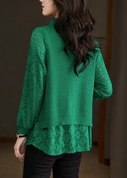 Style Green Peter Pan Collar Fake Two Pieces Lace Patchwork Knit Sweater Spring