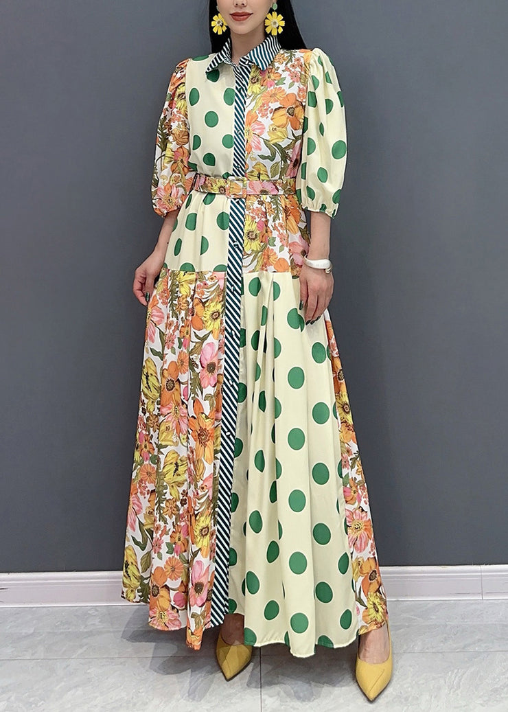 Style Green Peter Pan Collar Print Cotton Long Dress Summer