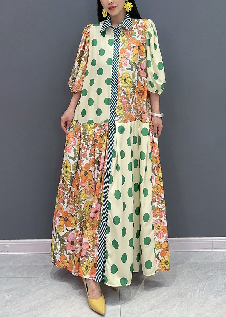 Style Green Peter Pan Collar Print Cotton Long Dress Summer