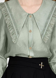 Style Green Peter Pan Collar Ruffled Shirt Tops Spring