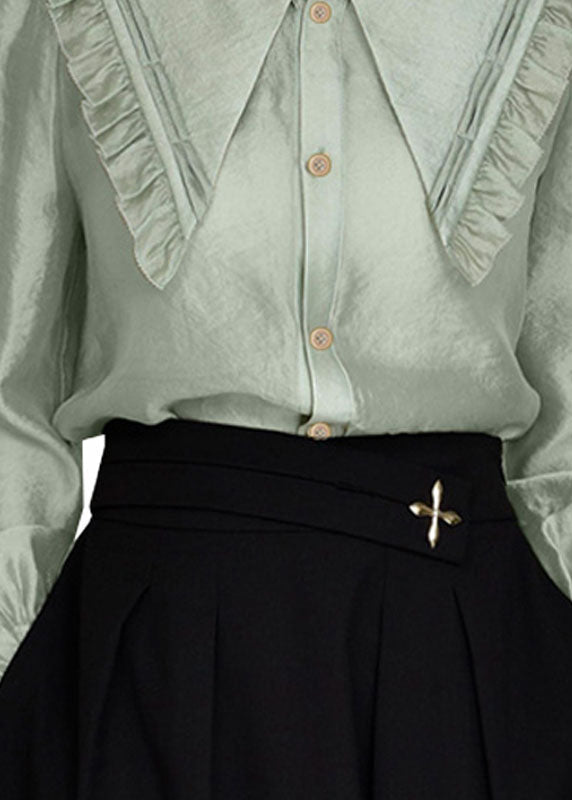 Style Green Peter Pan Collar Ruffled Shirt Tops Spring