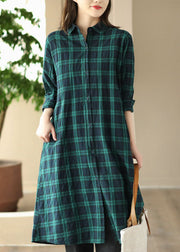 Style Green Plaid Peter Pan Collar Patchwork Cotton Shirts Coat Long Sleeve