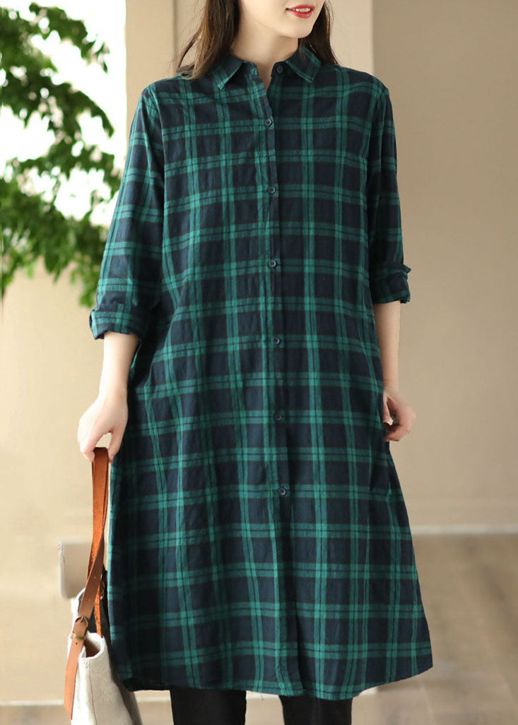 Style Green Plaid Peter Pan Collar Patchwork Cotton Shirts Coat Long Sleeve