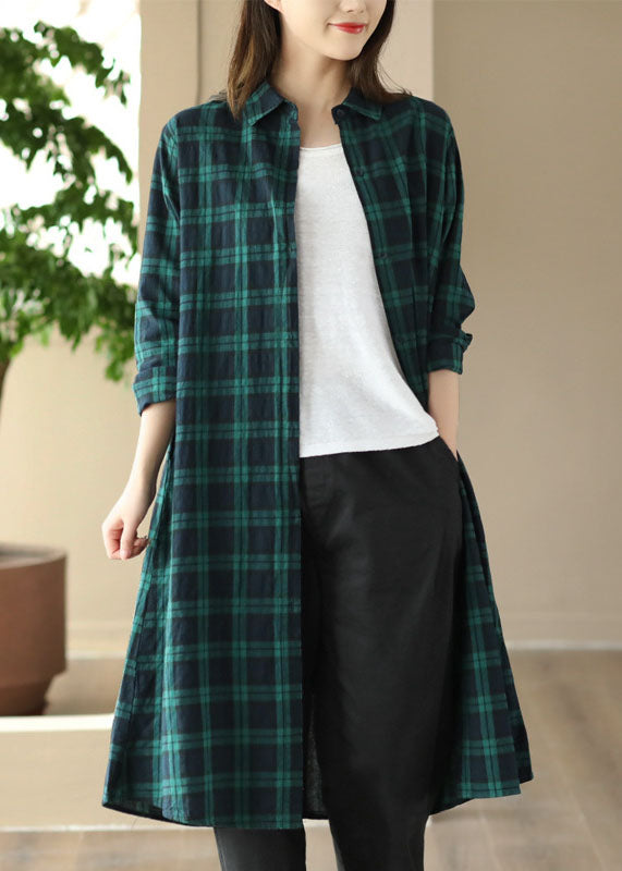 Style Green Plaid Peter Pan Collar Patchwork Cotton Shirts Coat Long Sleeve