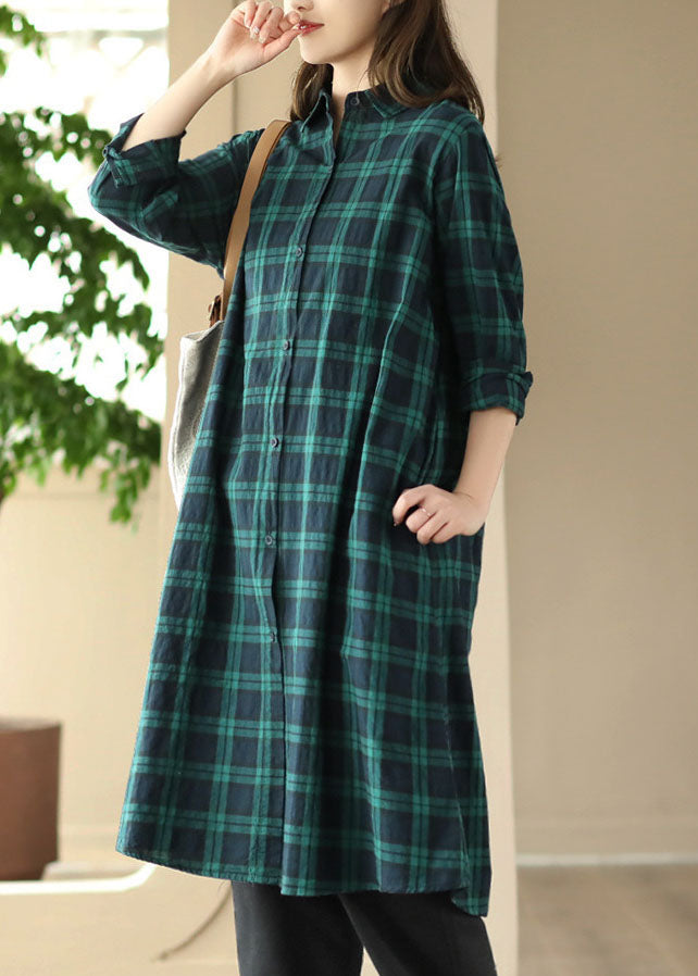 Style Green Plaid Peter Pan Collar Patchwork Cotton Shirts Coat Long Sleeve