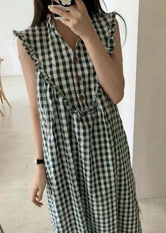 Style Green Plaid Ruffled Patchwork Cotton Dress Sleeveless