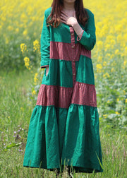Style Green Print Pockets Maxi Dress Long Sleeve