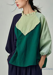 Style Green Ruffled Patchwork Linen Blouse Tops Spring