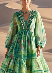 Style Green Ruffled Print Cotton Party Dress Spring