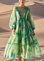 Style Green Ruffled Print Cotton Party Dress Spring