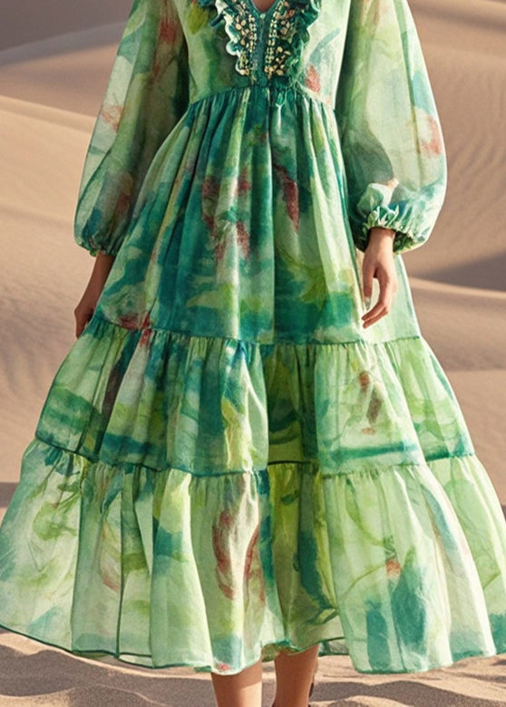 Style Green Ruffled Print Cotton Party Dress Spring