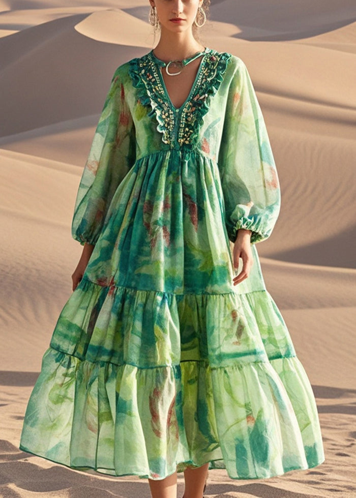 Style Green Ruffled Print Cotton Party Dress Spring