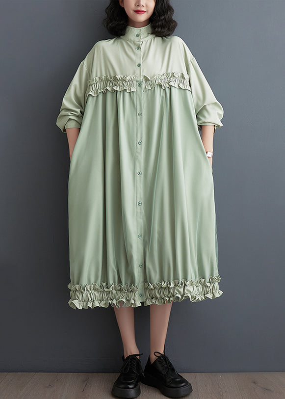 Style Green Ruffled Tulle Patchwork Blouses Long Dresses Fall