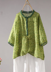 Style Green Stand Collar Print Linen Shirt Top Half Sleeve