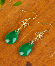 Style Green Sterling Silver Overgild Water Drop Chalcedony Drop Earrings