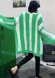 Style Green Striped Cozy Mink Hair Knitted Loose Coat Winter