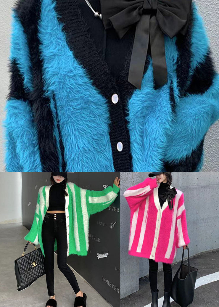 Style Green Striped Cozy Mink Hair Knitted Loose Coat Winter