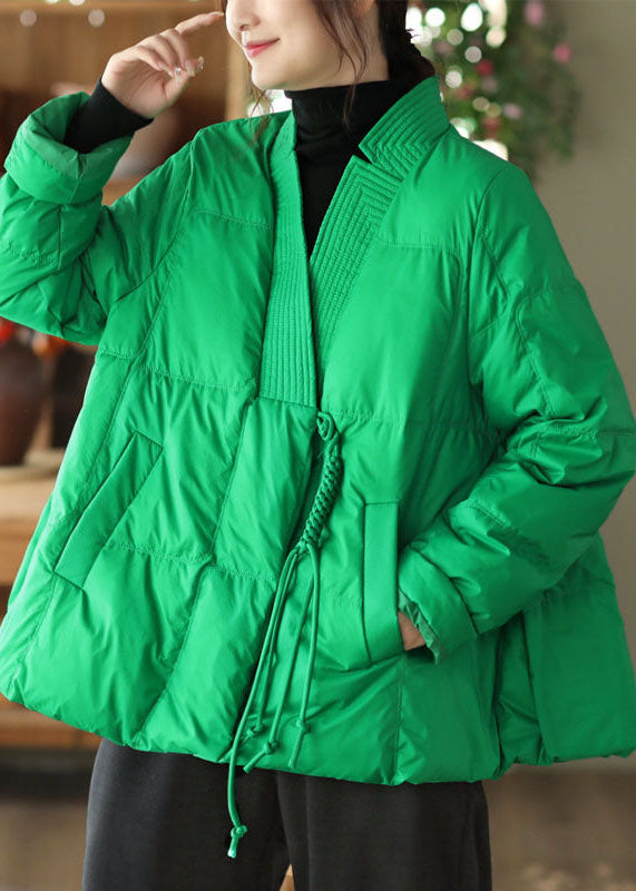 Style Green V Neck Oversized Oriental Button Duck Down Puffer Coat Winter