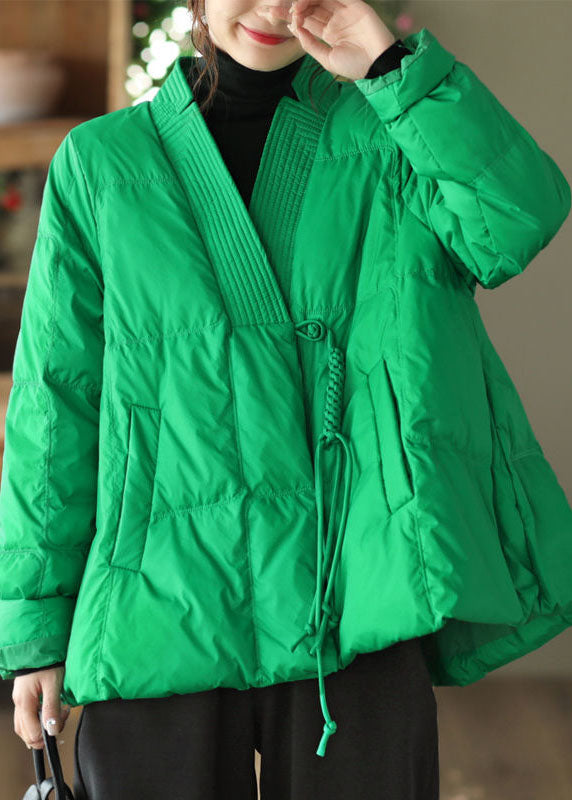 Style Green V Neck Oversized Oriental Button Cotton material Puffer Coat Winter