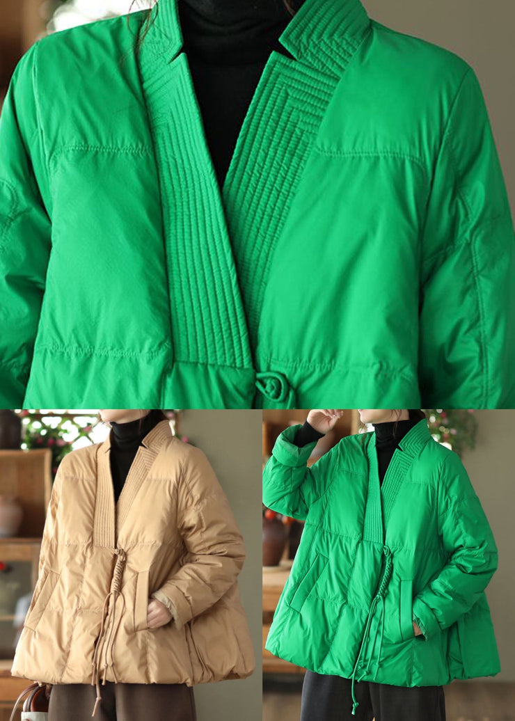 Style Green V Neck Oversized Oriental Button Cotton material Puffer Coat Winter