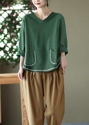 Style Green V Neck Pockets Cotton Loose Sweatshirts Top Long Sleeve