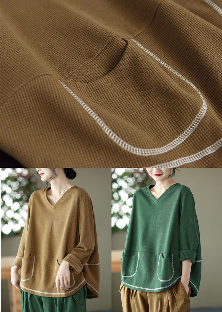 Style Green V Neck Pockets Cotton Loose Sweatshirts Top Long Sleeve