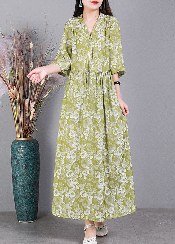 Style Green V Neck Print Button Silk Dress Long Sleeve