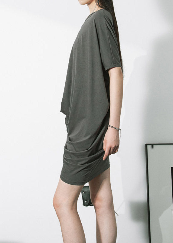 Style Grey Asymmetrical Design Wrinkled Cotton Mid Dress Short Sleeve