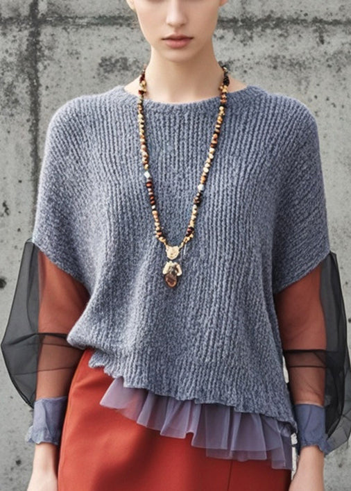 Style Grey Asymmetrical Patchwork Tulle Sweaters Fall