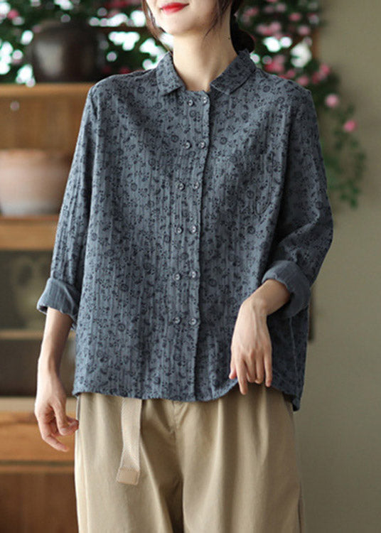 Style Grey Blue Print Button Shirts Long Sleeve