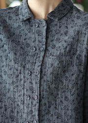 Style Grey Blue Print Button Shirts Long Sleeve