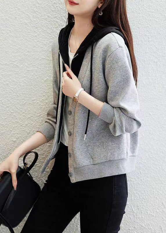 Style Grey Button Patchwork False Two Pieces Cotton Hooded Coat Fall