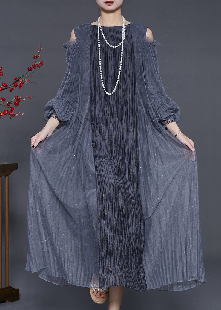 Style Grey Cold Shoulder Patchwork Wrinkled Silk Dresses Summer