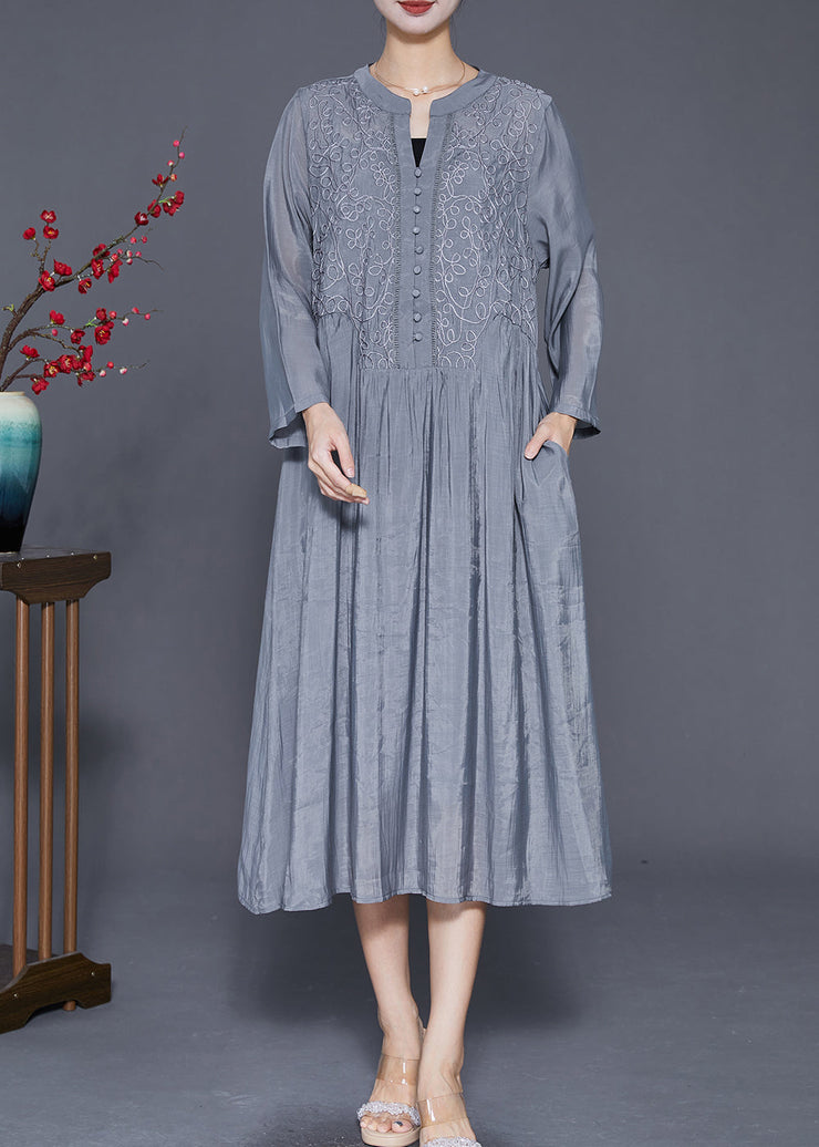 Style Grey Embroidered Silk Maxi Dresses Fall