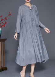 Style Grey Embroidered Silk Maxi Dresses Fall