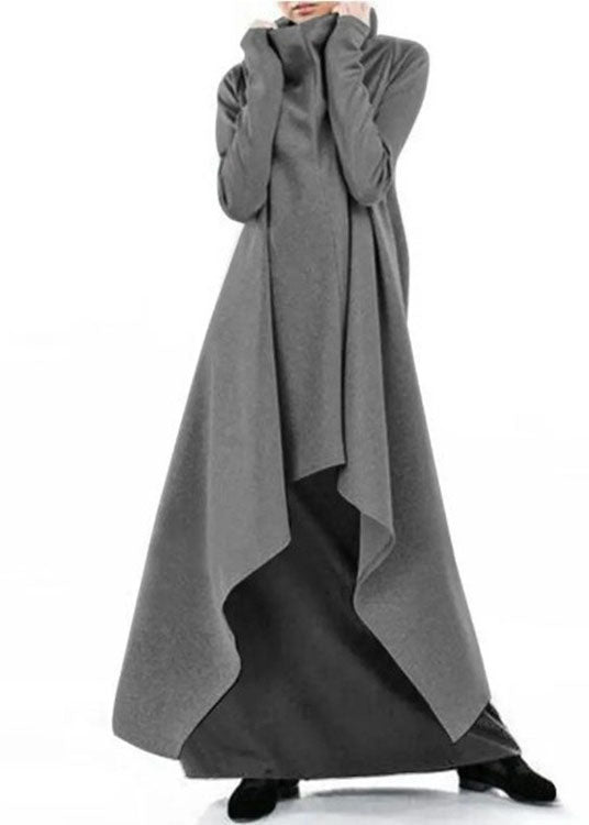 Style Grey Hign Neck Asymmetrical Design Cotton Dress Spring