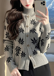 Style Grey Hign Neck Print Knit Sweaters Spring