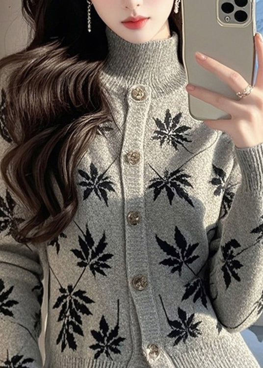 Style Grey Hign Neck Print Knit Sweaters Spring