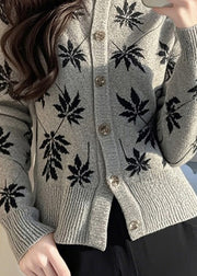 Style Grey Hign Neck Print Knit Sweaters Spring