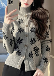 Style Grey Hign Neck Print Knit Sweaters Spring