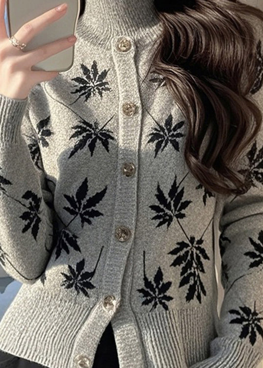 Style Grey Hign Neck Print Knit Sweaters Spring