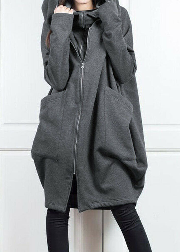 Style Grey Hooded Pockets False Two Pieces Cotton Coat Spring