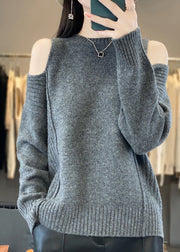 Style Grey O-Neck Cold Shoulder Woolen Knit Sweaters Spring