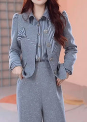 Style Grey Patchwork Coats Shirts And Pants Three Pieces Set Spring